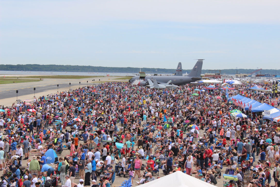 Air show crowd looking at static exhibits at the Rhode Island National Guard Air Show and Open House